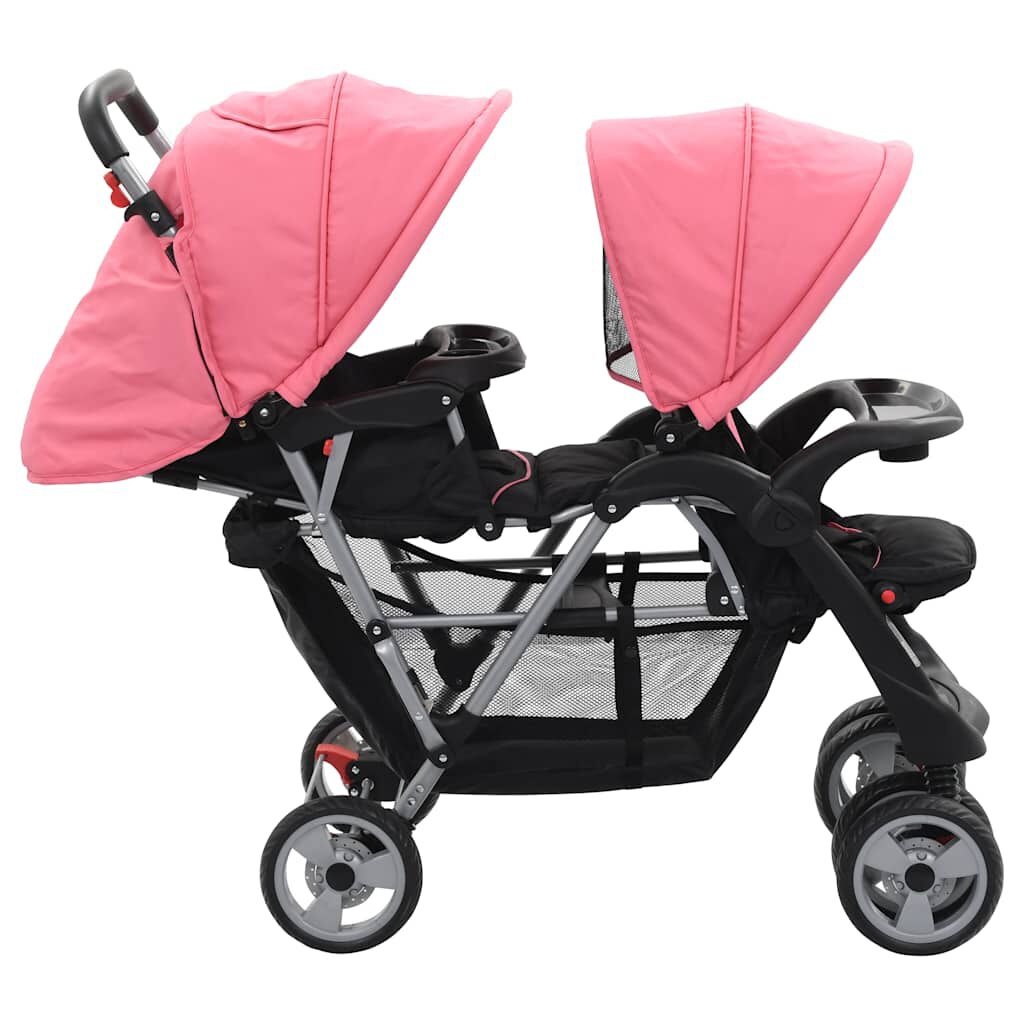 Dubbele Kinderwagen Staal Roze/Zwart - 35% Korting