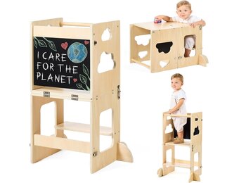 Montessori Leertoren 3-in-1 met Krijtbord - Opvouwbaar Houten Bureau & Stoel - 29% Korting