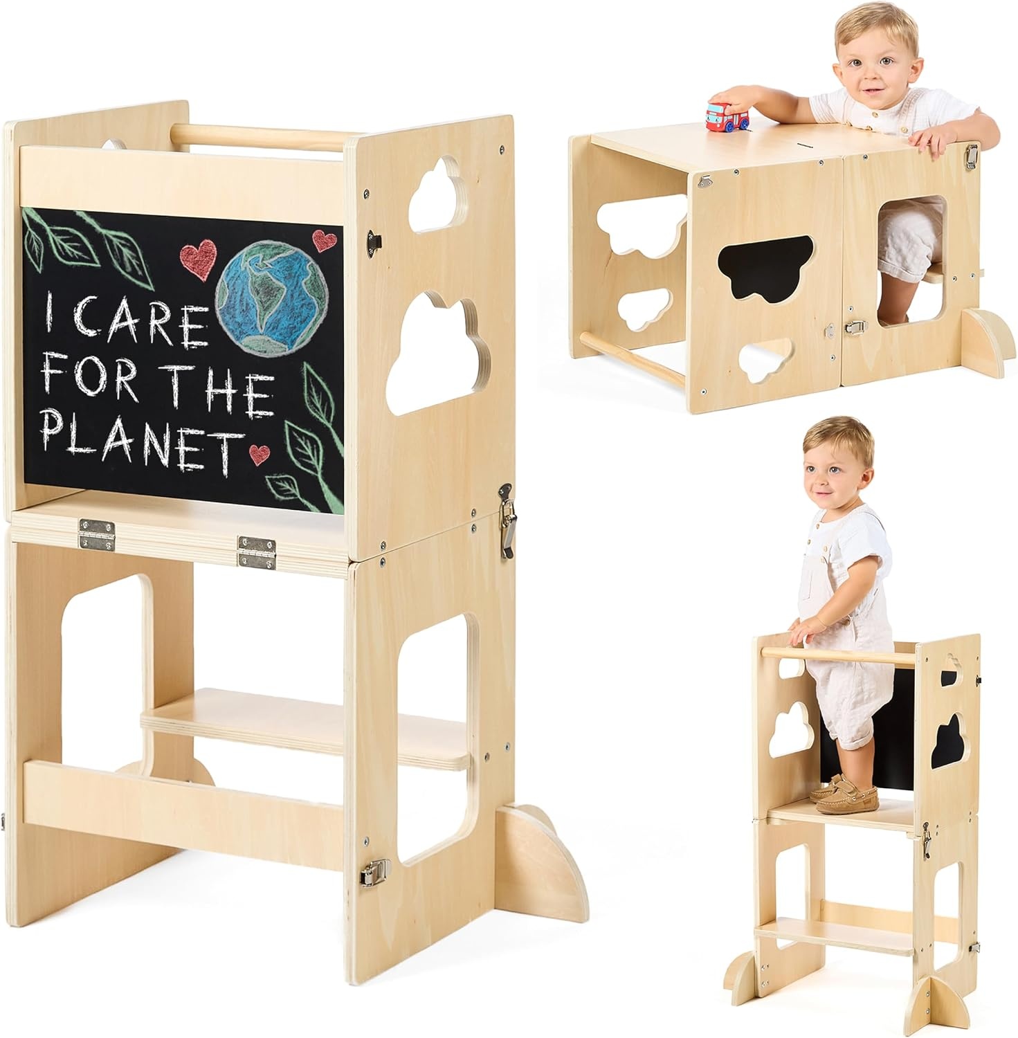 Montessori Leertoren 3-in-1 met Krijtbord - Opvouwbaar Houten Bureau & Stoel - 29% Korting