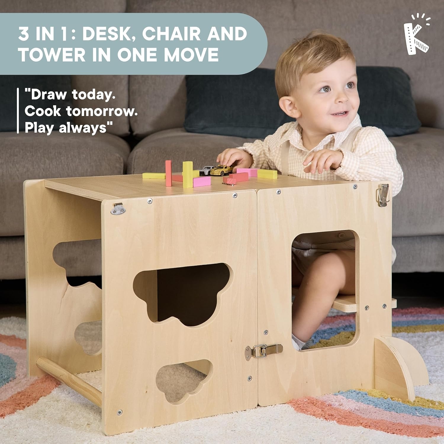 Montessori Leertoren 3-in-1 met Krijtbord - Opvouwbaar Houten Bureau & Stoel - 29% Korting