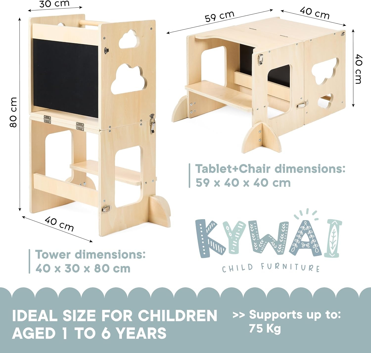 Montessori Leertoren 3-in-1 met Krijtbord - Opvouwbaar Houten Bureau & Stoel - 29% Korting