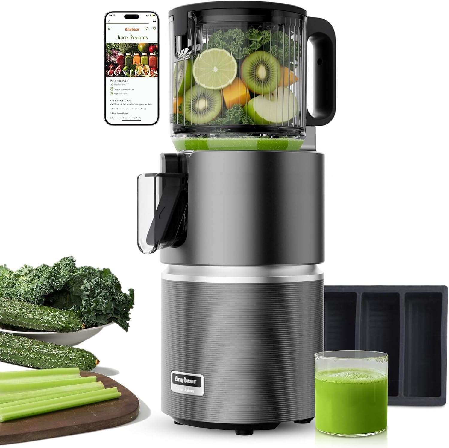 Anybear 350 W sapcentrifuge met 124 mm vulschacht Slow Juicer met dubbele haktechnologie voor hele vruchten en groenten, hoge sapopbrengst, BPA-vrij Tritan-materiaal (donkergrijs)