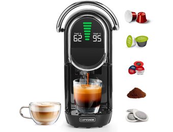 Magician1 Mini 5-in-1 Koffiecupmachine voor Nespresso, Dolce Gusto, Lavazza A Modo Mio, ESE 44mm Pads & Gemalen Koffie, 20 Bar, 1450W, LED-display, 7 Waterstanden, Warm-Koude Modus, Koffiemachine
