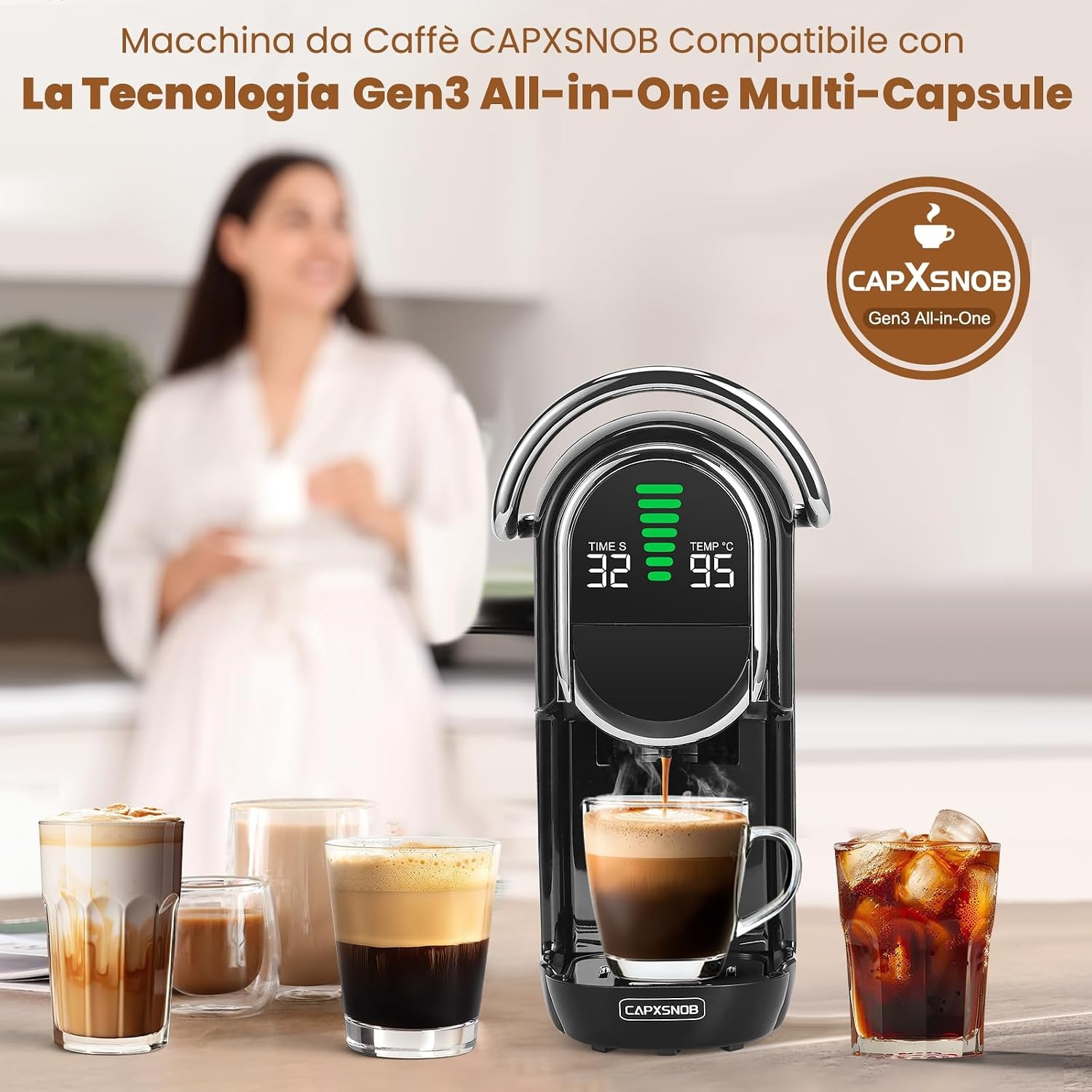 Magician1 Mini 5-in-1 Koffiecupmachine voor Nespresso, Dolce Gusto, Lavazza A Modo Mio, ESE 44mm Pads & Gemalen Koffie, 20 Bar, 1450W, LED-display, 7 Waterstanden, Warm-Koude Modus, Koffiemachine