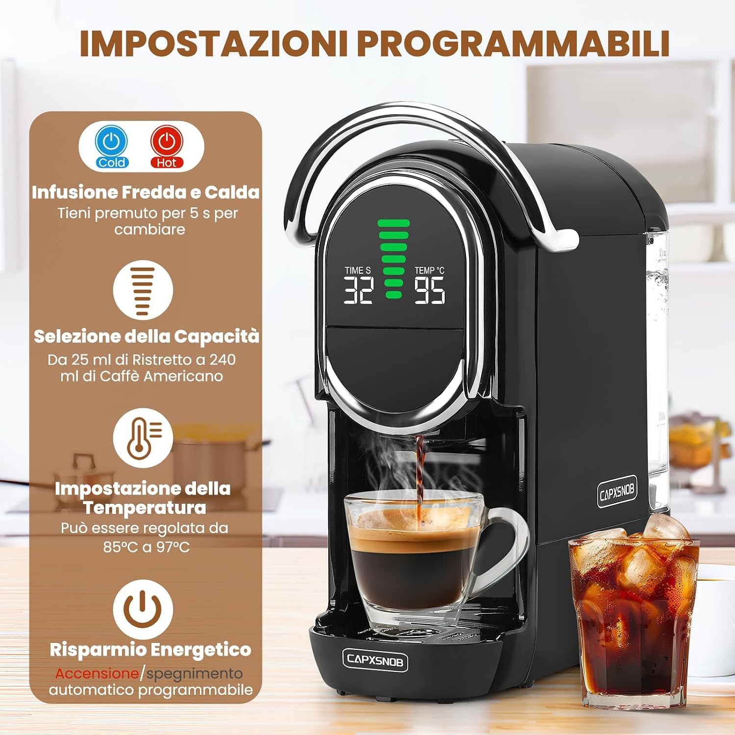 Magician1 Mini 5-in-1 Koffiecupmachine voor Nespresso, Dolce Gusto, Lavazza A Modo Mio, ESE 44mm Pads & Gemalen Koffie, 20 Bar, 1450W, LED-display, 7 Waterstanden, Warm-Koude Modus, Koffiemachine