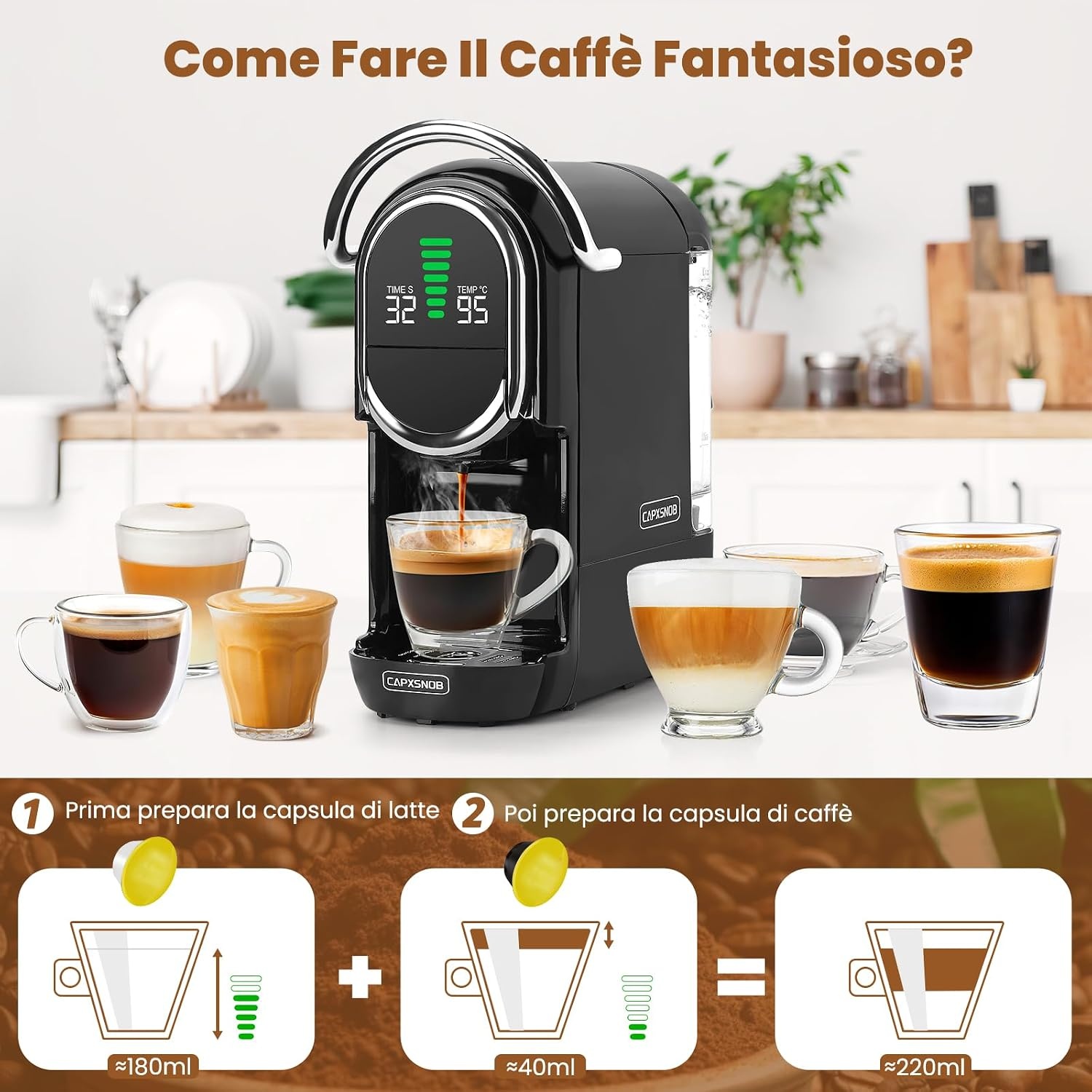 Magician1 Mini 5-in-1 Koffiecupmachine voor Nespresso, Dolce Gusto, Lavazza A Modo Mio, ESE 44mm Pads & Gemalen Koffie, 20 Bar, 1450W, LED-display, 7 Waterstanden, Warm-Koude Modus, Koffiemachine