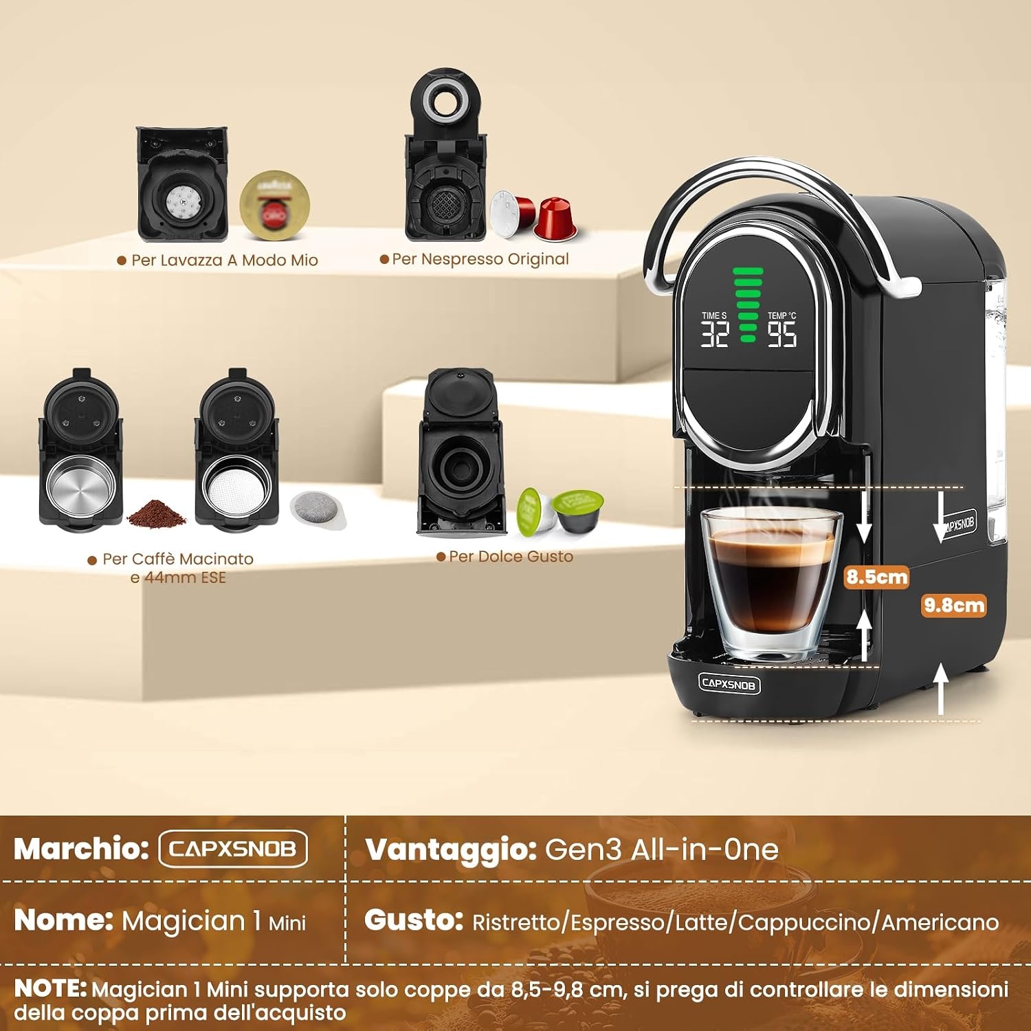 Magician1 Mini 5-in-1 Koffiecupmachine voor Nespresso, Dolce Gusto, Lavazza A Modo Mio, ESE 44mm Pads & Gemalen Koffie, 20 Bar, 1450W, LED-display, 7 Waterstanden, Warm-Koude Modus, Koffiemachine