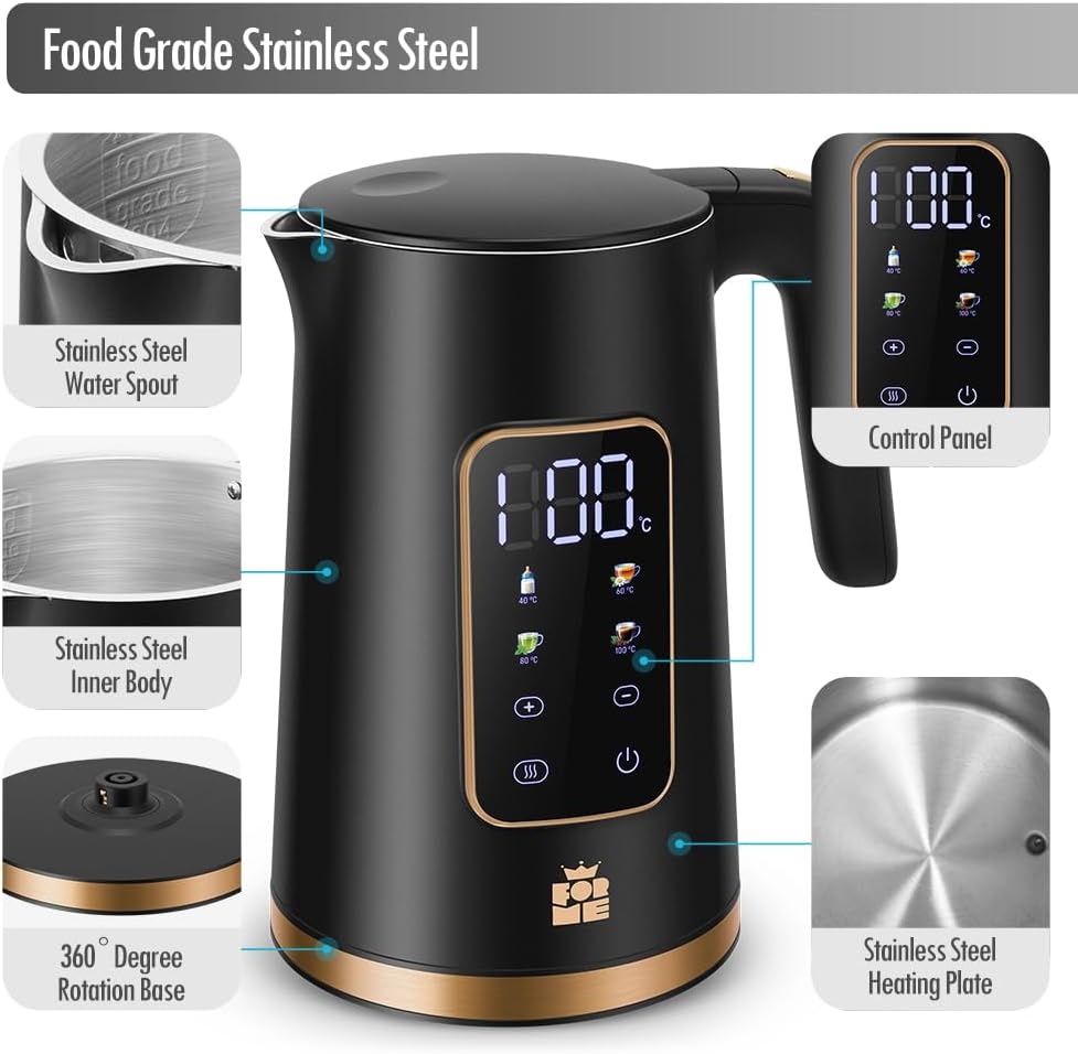 ForMe Roestvrijstalen Waterkoker 1,7 L Temperatuurkeuze 40-100°C I LED digitale temperatuurweergave I 7 Kleuren LED Verlichting I Theepot Theeketel I Warmhoudfunctie I BPA-vrij