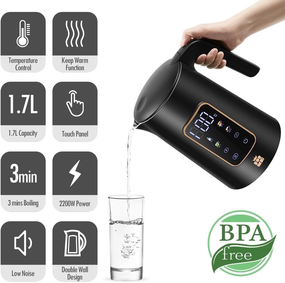 ForMe Roestvrijstalen Waterkoker 1,7 L Temperatuurkeuze 40-100°C I LED digitale temperatuurweergave I 7 Kleuren LED Verlichting I Theepot Theeketel I Warmhoudfunctie I BPA-vrij