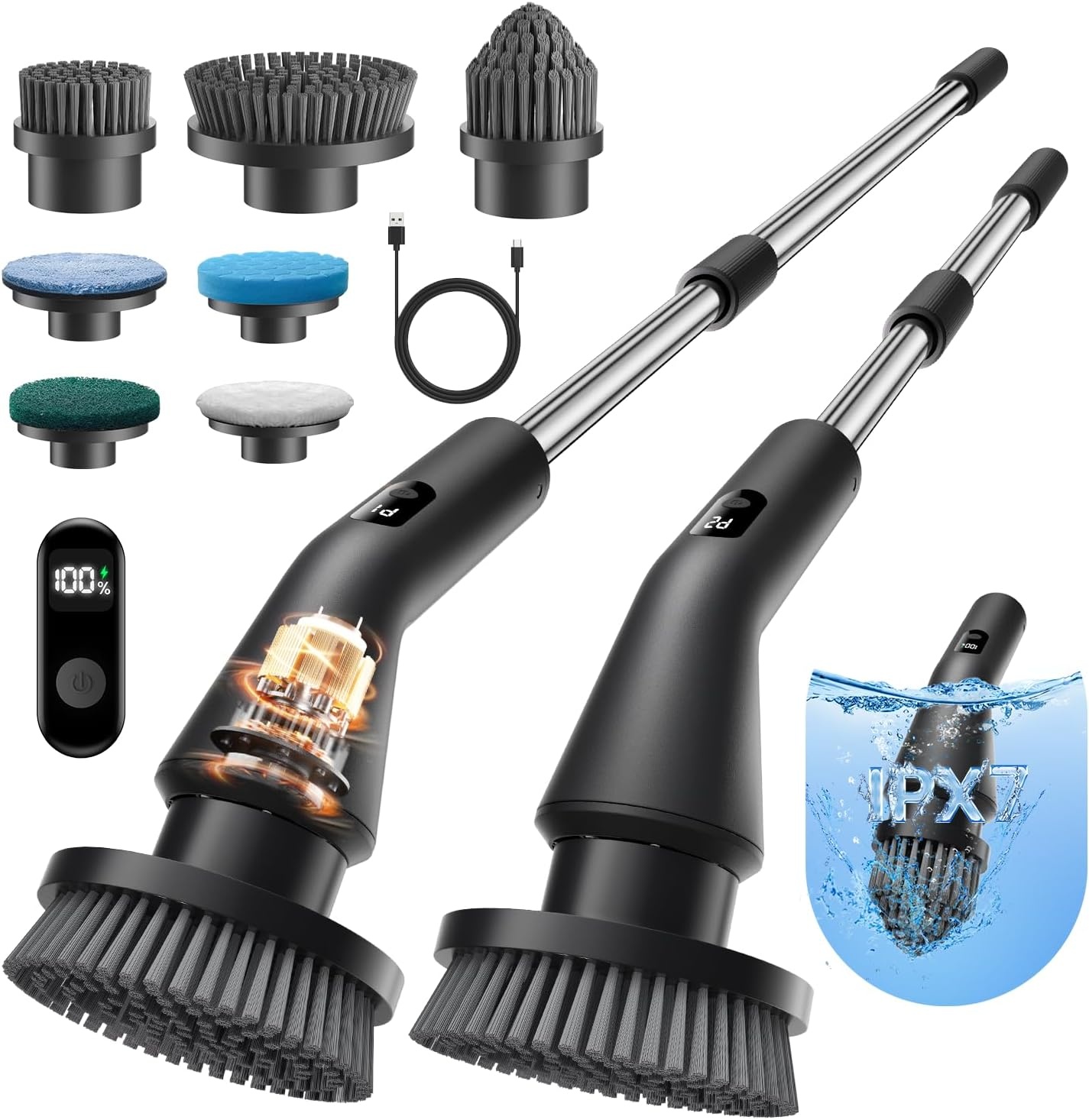 Leebein Elektrische reinigingsborstel, nieuwe Spin Scrubber, IPX7 waterdicht en 7 borstelkoppen, uittrekbare lange handgreep en 2 snelheden, schrobber voor badkamer, vloer, keuken