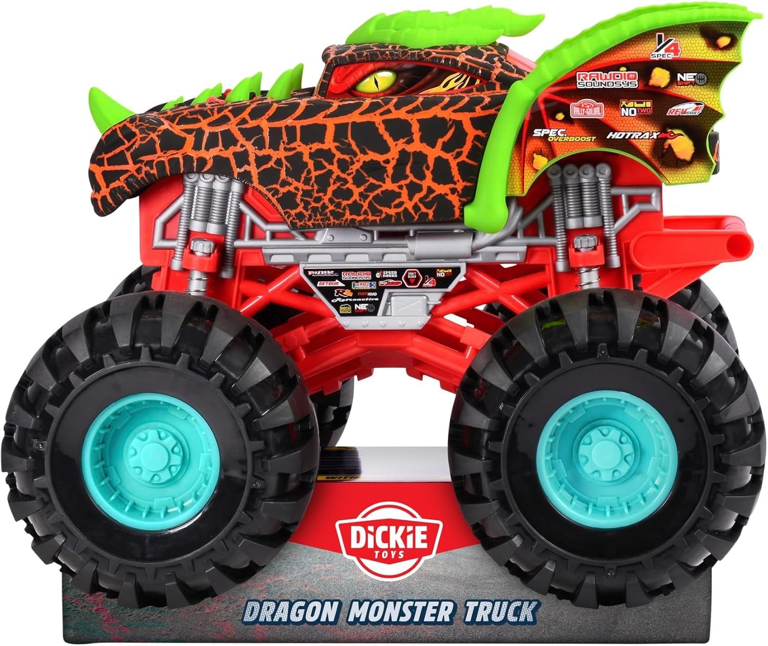 Dickie Toys Dragon Monster Truck - 38,5 cm - Veelkleurige speelgoedauto met vering en platform