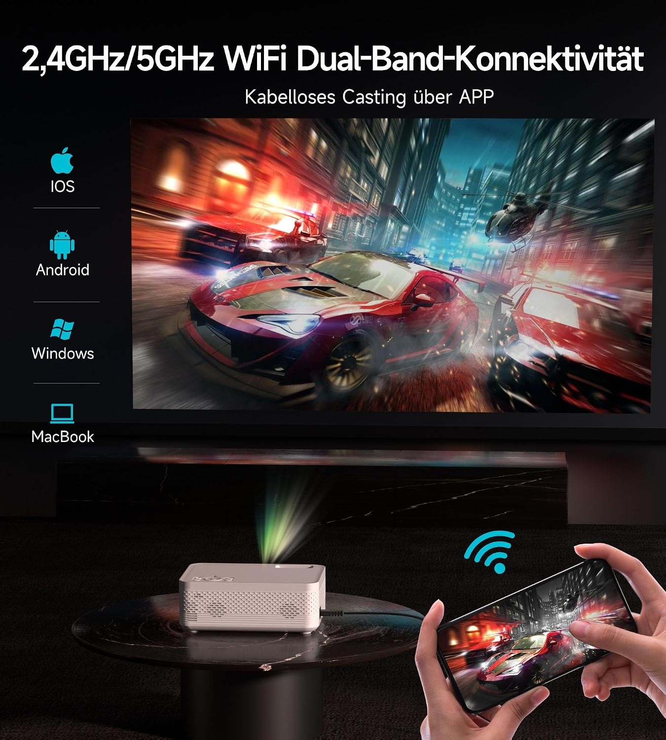 ALLJOY Mini-beamer, ondersteunt full HD, 1080p, 300 ANSI, 11500 lumen, 2,4 GHz/5 GHz, wifi, 195 inch, grootbeeld, beamer thuisbioscoop, compatibel met smartphone, HDMI, USB, laptop