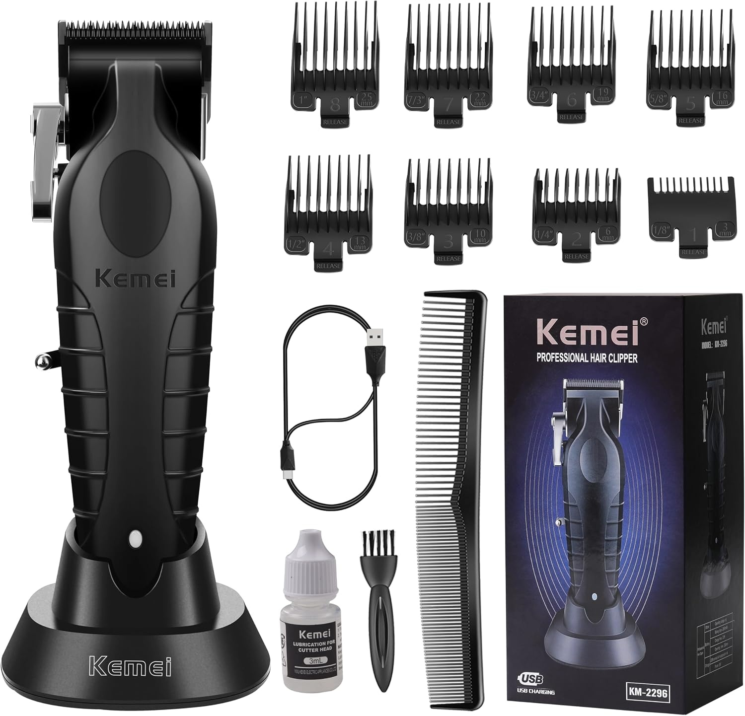 KEMEI 2296 Professionele Haartondeuses voor Mannen Snoer/Snoerloos Haarsnijset, Haar & Baard Trimmer, T-Blade Baardtondeuse met USB Oplaadbaar Cadeau voor Mannen
