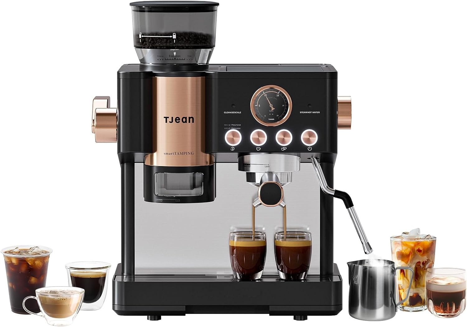 Tjean Barista Senso Espresso Machine 20 Bar met Geïntegreerde Molen - Zwart/Goud