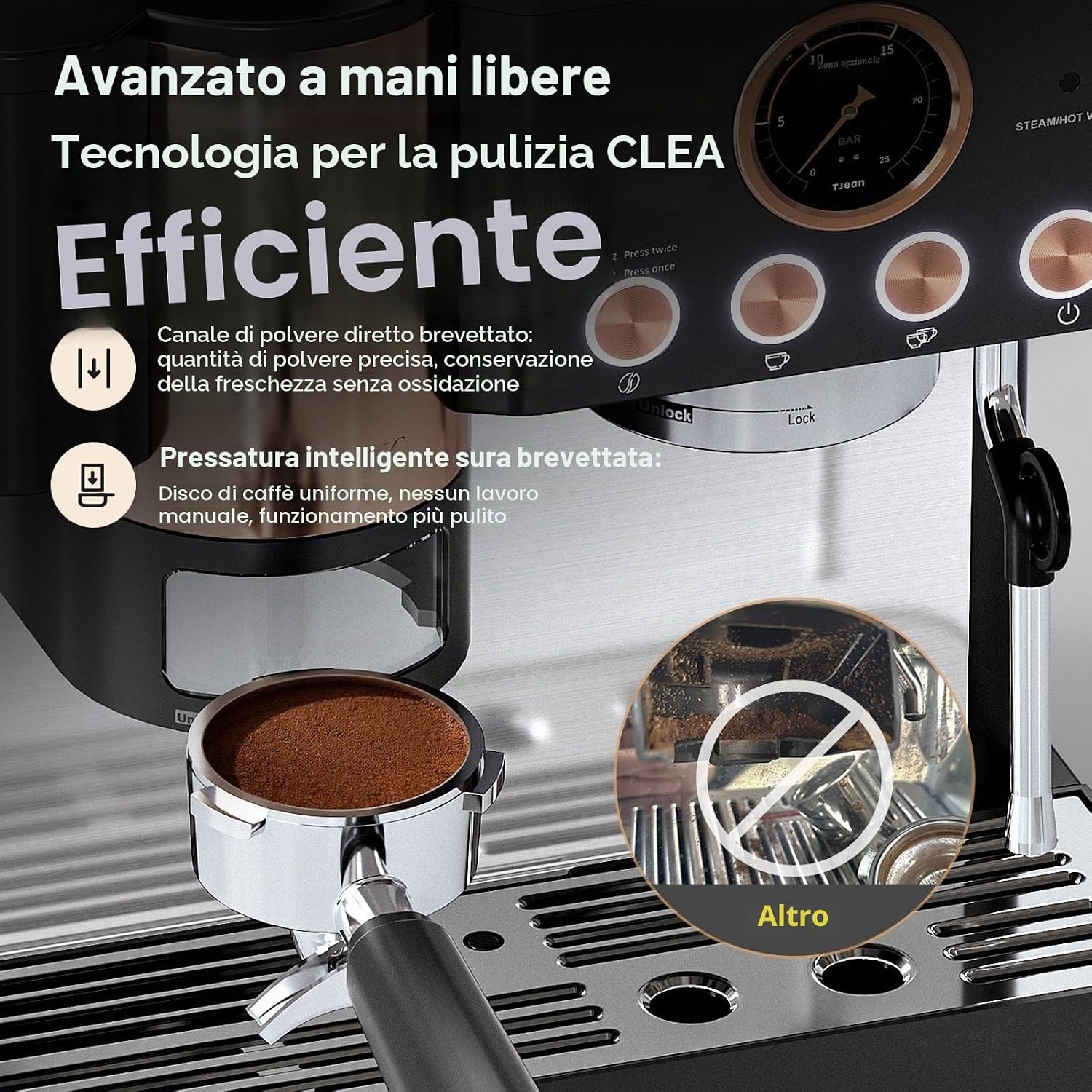Tjean Barista Senso Espresso Machine 20 Bar met Geïntegreerde Molen - Zwart/Goud