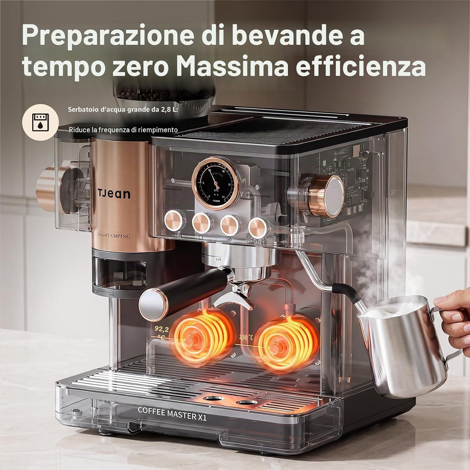 Tjean Barista Senso Espresso Machine 20 Bar met Geïntegreerde Molen - Zwart/Goud