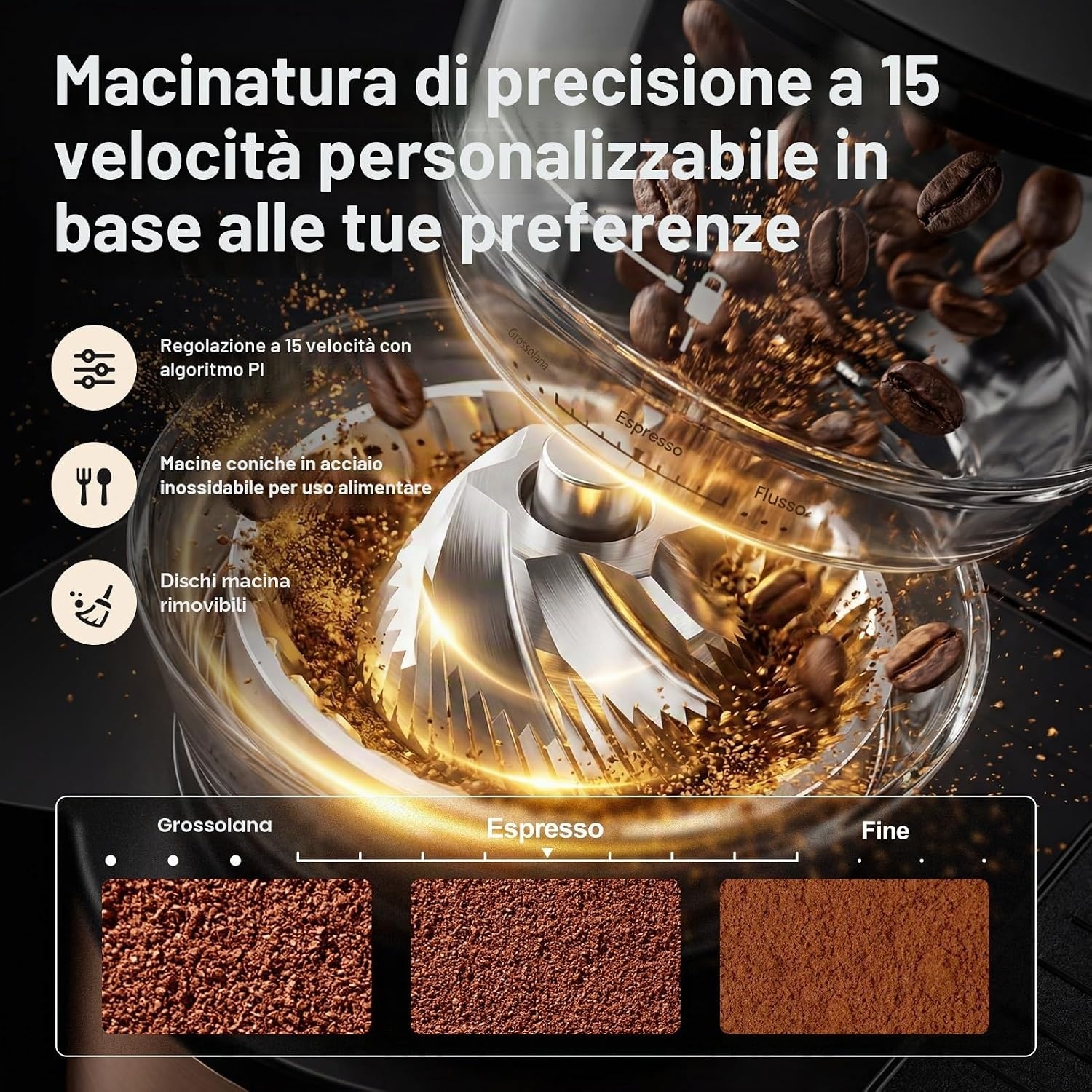 Tjean Barista Senso Espresso Machine 20 Bar met Geïntegreerde Molen - Zwart/Goud
