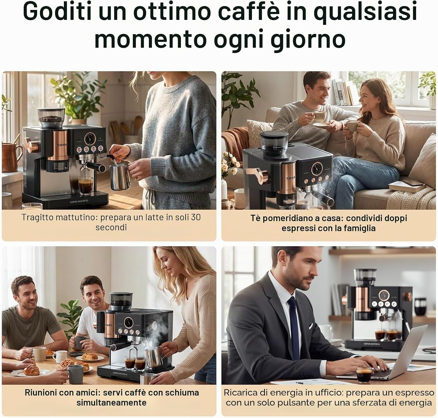 Tjean Barista Senso Espresso Machine 20 Bar met Geïntegreerde Molen - Zwart/Goud