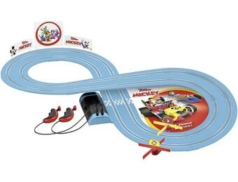 Carrera First 20063045 Mickey's Fun Race 20063045 Racebaan voor peuters, met Disney-figuren, 2,4 meter lange speelbaan, ergonomische handcontroller, met rotonde voor extra speelplezier