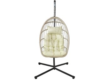 Inklapbare hangstoel egg chair - crème zwart - beige kussens