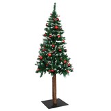 Kunstkerstboom 180 cm – sneeuw – rode kerstballen – houten stam