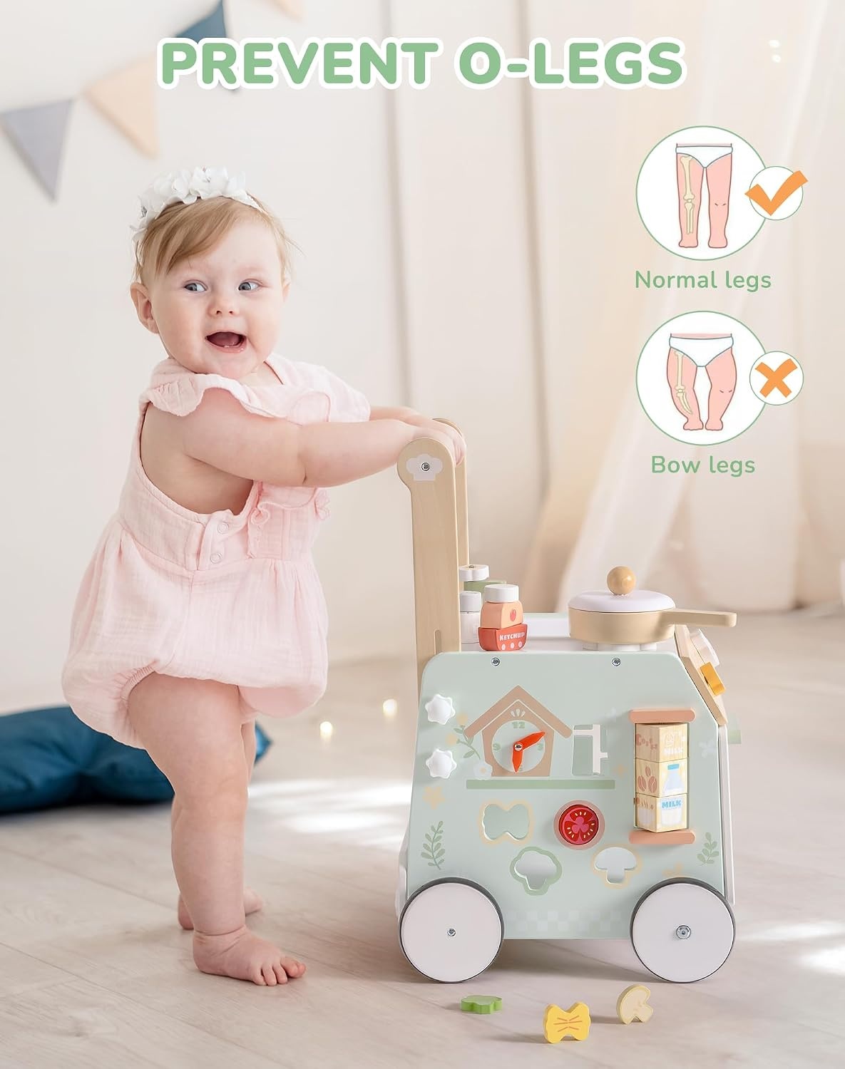ROBOTIME Houten babywandelaar met keukenspeelset, 2-in-1 activiteitencentrum, kubuswandelaar voor peuters, educatief speelgoed voor vroeg leren, verstelbare hoogte en snelheidsregeling, cadeau voor