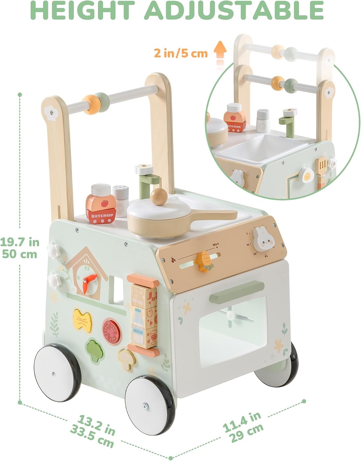 ROBOTIME Houten babywandelaar met keukenspeelset, 2-in-1 activiteitencentrum, kubuswandelaar voor peuters, educatief speelgoed voor vroeg leren, verstelbare hoogte en snelheidsregeling, cadeau voor