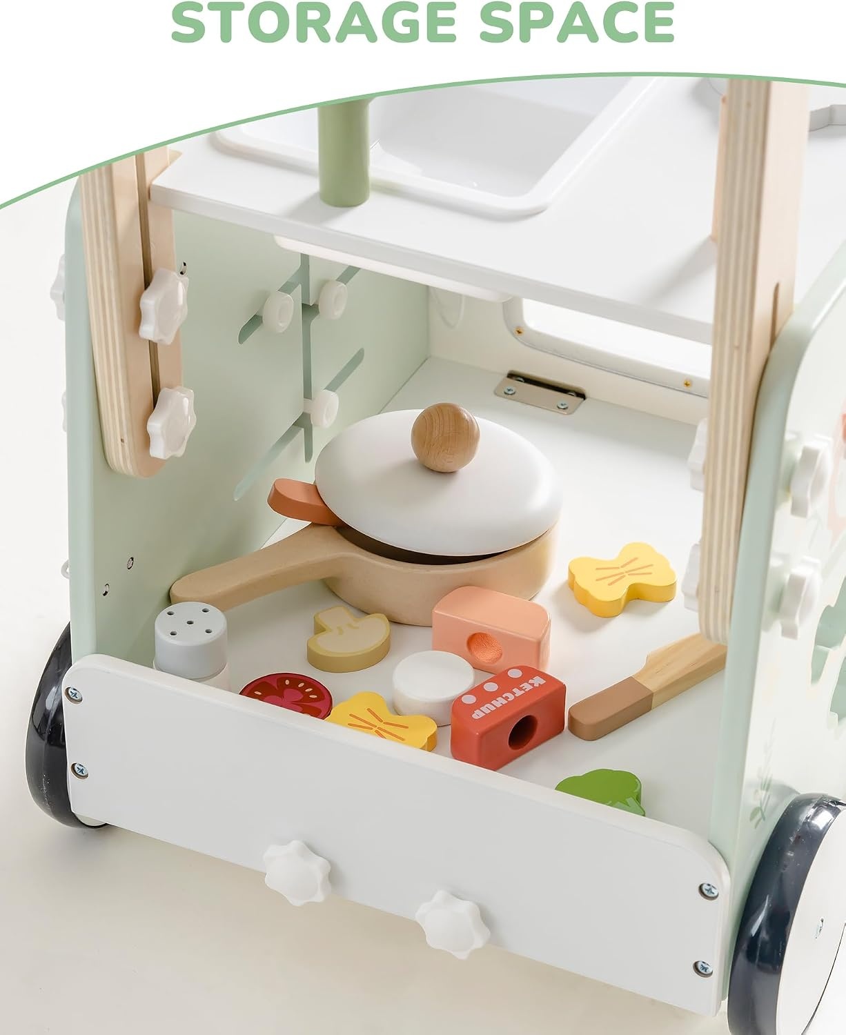 ROBOTIME Houten babywandelaar met keukenspeelset, 2-in-1 activiteitencentrum, kubuswandelaar voor peuters, educatief speelgoed voor vroeg leren, verstelbare hoogte en snelheidsregeling, cadeau voor