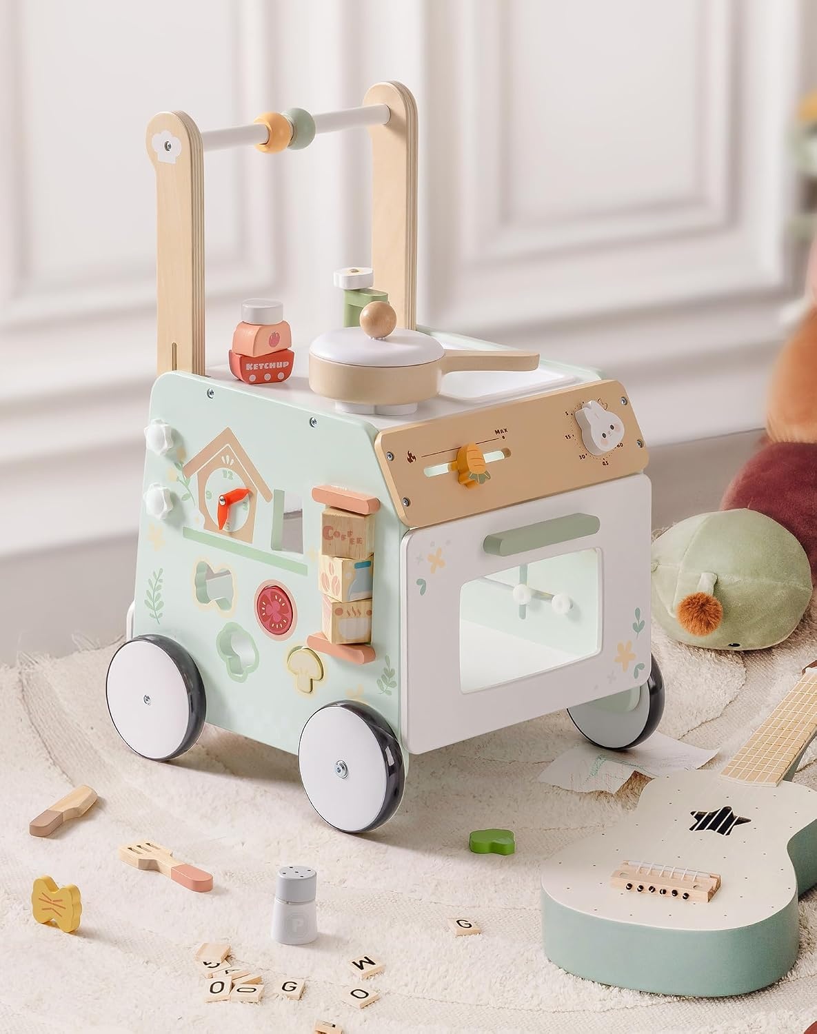 ROBOTIME Houten babywandelaar met keukenspeelset, 2-in-1 activiteitencentrum, kubuswandelaar voor peuters, educatief speelgoed voor vroeg leren, verstelbare hoogte en snelheidsregeling, cadeau voor