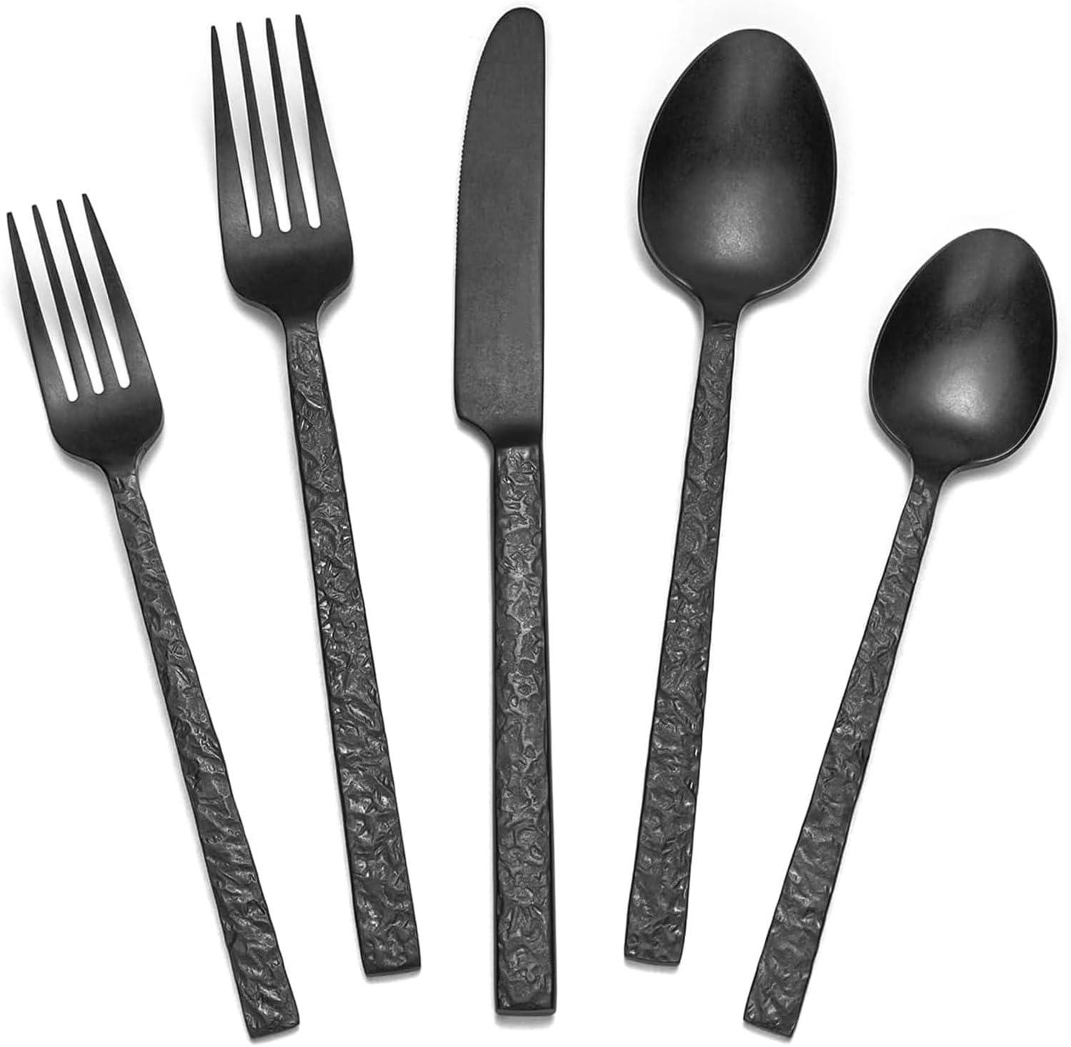 HIKAA 60-delig bestek, zwart, bestekset voor 12 personen, gehamerd eetbestek van 18/10 roestvrij staal, bestekset voor thuis en restaurants, vaatwasmachinebestendig