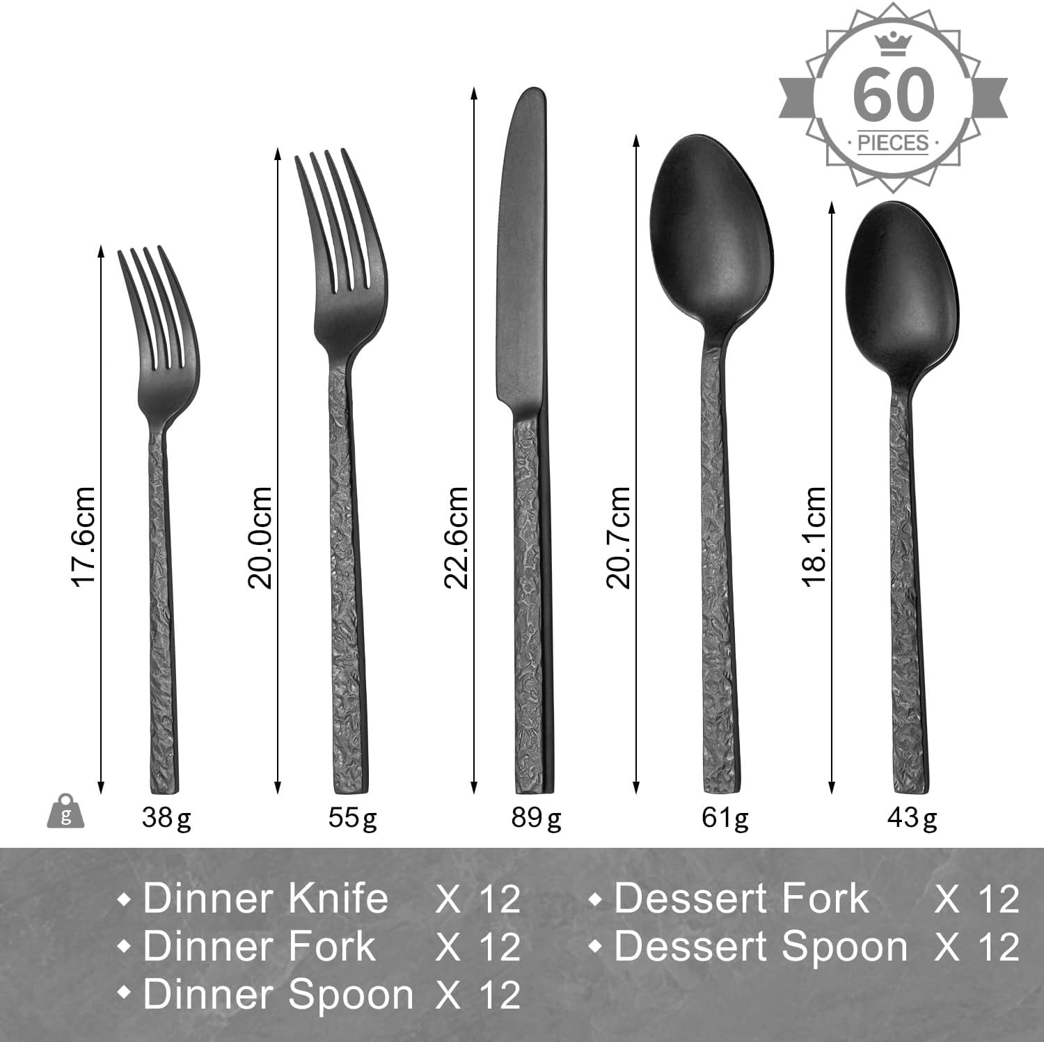 HIKAA 60-delig bestek, zwart, bestekset voor 12 personen, gehamerd eetbestek van 18/10 roestvrij staal, bestekset voor thuis en restaurants, vaatwasmachinebestendig