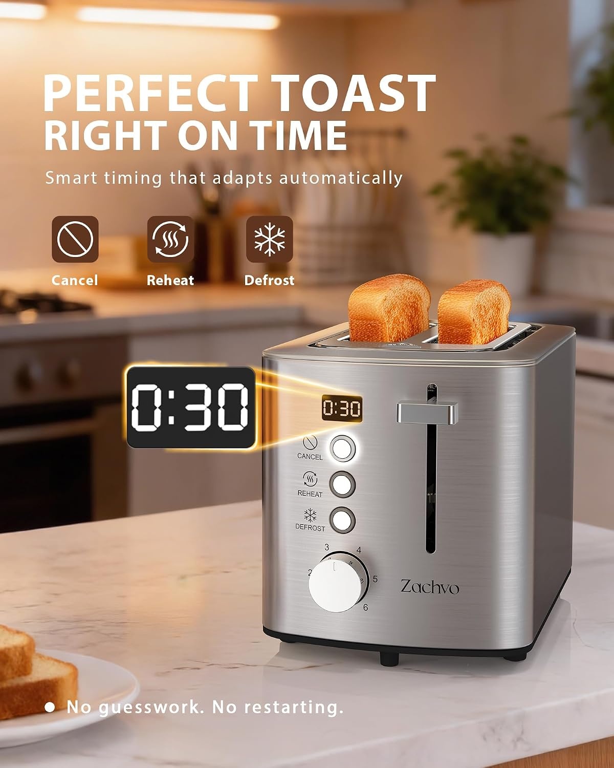ZACHVO 2-Sneden Broodrooster met LED Timer - Zilver