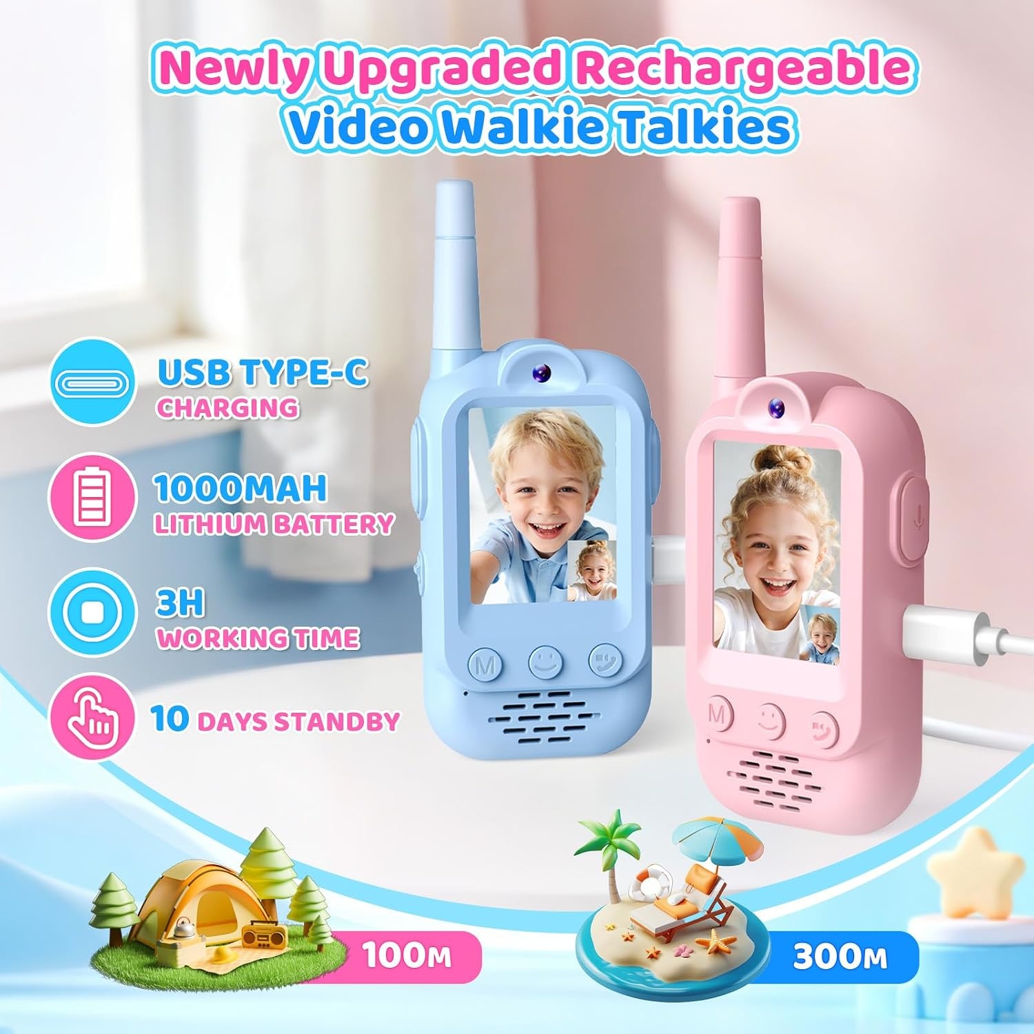 iKidiki Video Walkietalkie Kinderen Oplaadbaar. Walkie Talkie met Camera voor Kinderen 3-12 Jaar. Buitenspeelgoed, Verjaardagscadeau voor Jongens en Meisjes.