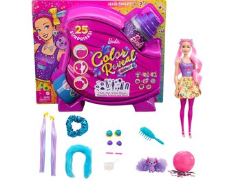 Barbie Color Reveal Glitter Hair Swaps pop, glanzend roze met 25 verrassingen voor kapsels en feestjes, waaronder 10 verwisselbare haarextensions, cadeau voor kinderen vanaf 3 jaar, HBG39