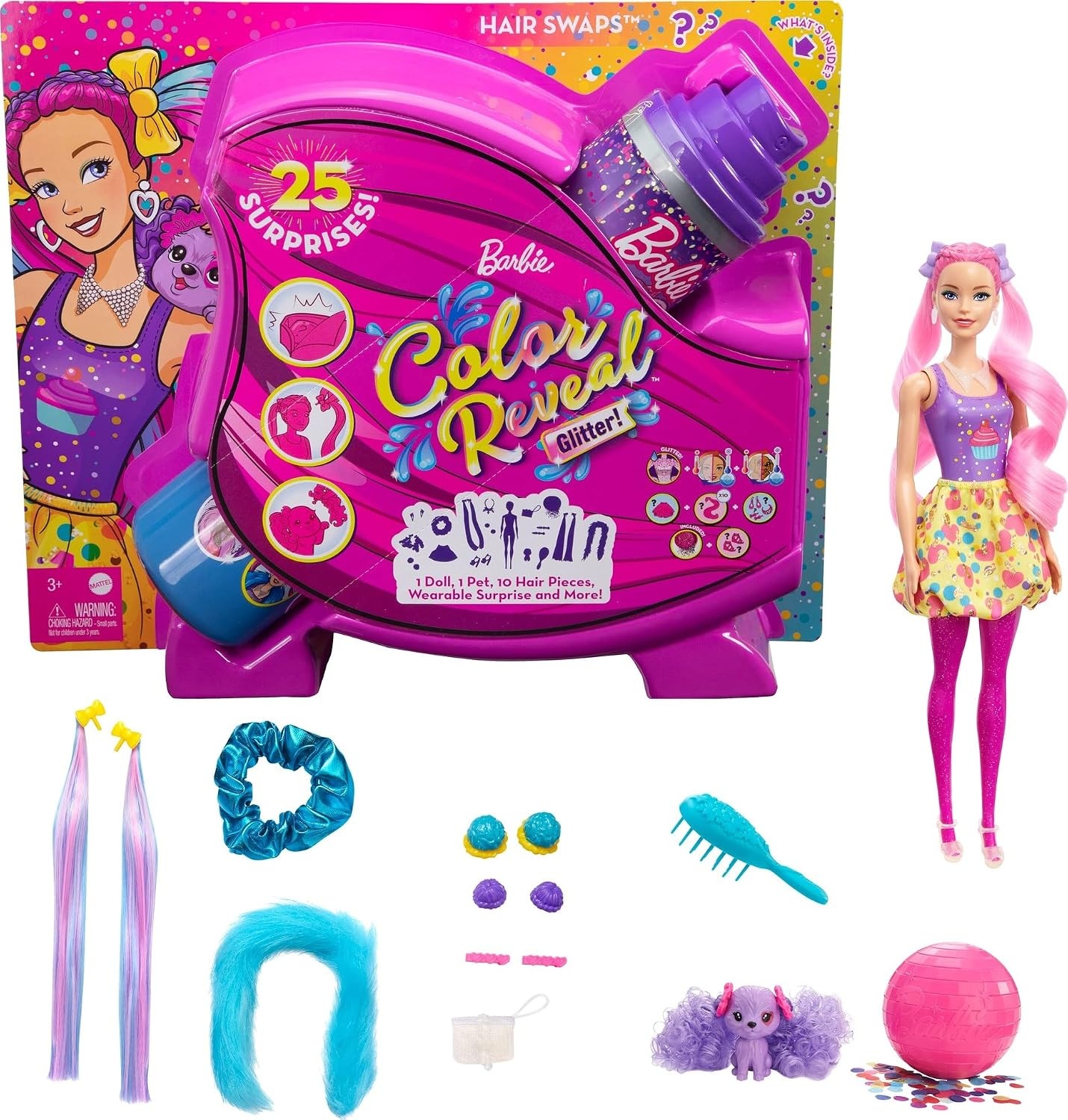 ​Barbie Color Reveal Glitter Hair Swaps pop, glanzend roze met 25 verrassingen voor kapsels en feestjes, waaronder 10 verwisselbare haarextensions, cadeau voor kinderen vanaf 3 jaar, HBG39