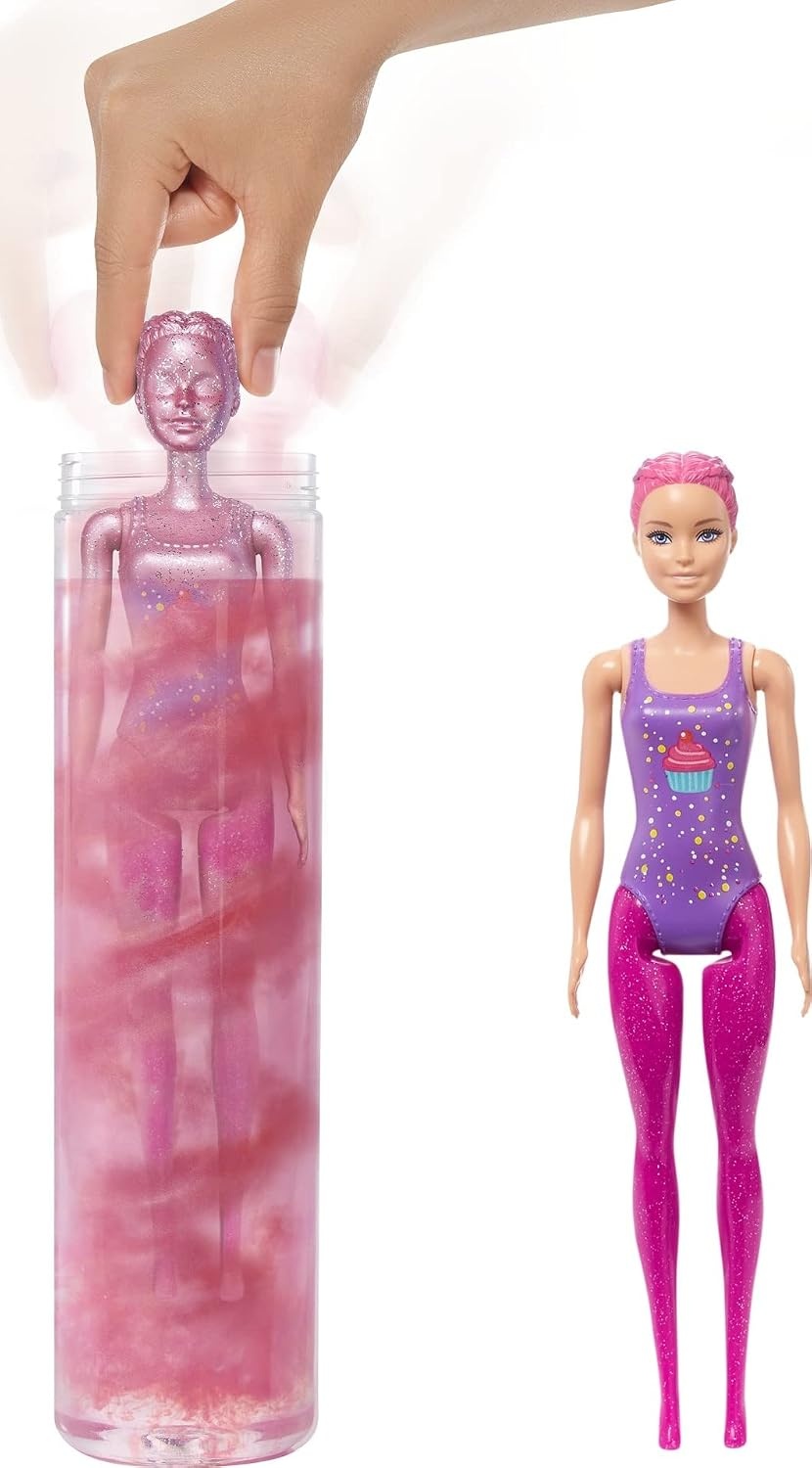 ​Barbie Color Reveal Glitter Hair Swaps pop, glanzend roze met 25 verrassingen voor kapsels en feestjes, waaronder 10 verwisselbare haarextensions, cadeau voor kinderen vanaf 3 jaar, HBG39