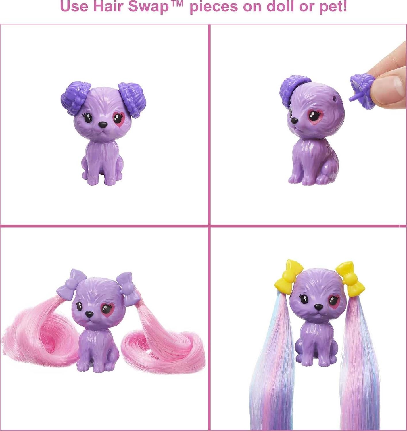 ​Barbie Color Reveal Glitter Hair Swaps pop, glanzend roze met 25 verrassingen voor kapsels en feestjes, waaronder 10 verwisselbare haarextensions, cadeau voor kinderen vanaf 3 jaar, HBG39
