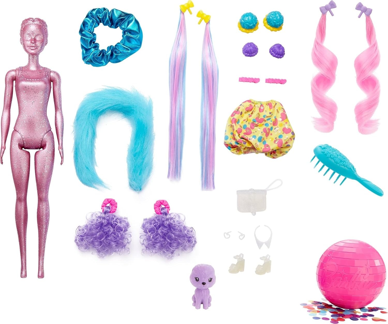 ​Barbie Color Reveal Glitter Hair Swaps pop, glanzend roze met 25 verrassingen voor kapsels en feestjes, waaronder 10 verwisselbare haarextensions, cadeau voor kinderen vanaf 3 jaar, HBG39