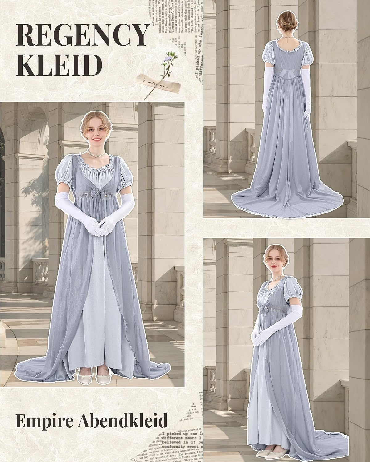 Regency jurk voor dames, Victoriaanse jurk, historische retro empire, avondjurk, lang, met wikkelriem en handschoenen, kostuum voor bal, carnaval, Halloween - Maat L