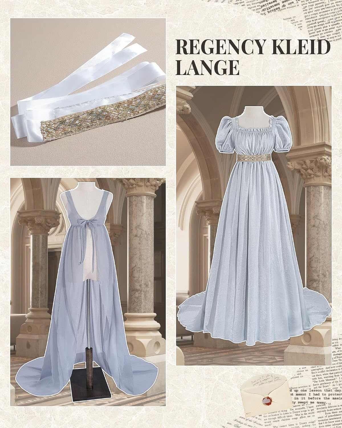 Regency jurk voor dames, Victoriaanse jurk, historische retro empire, avondjurk, lang, met wikkelriem en handschoenen, kostuum voor bal, carnaval, Halloween - Maat L
