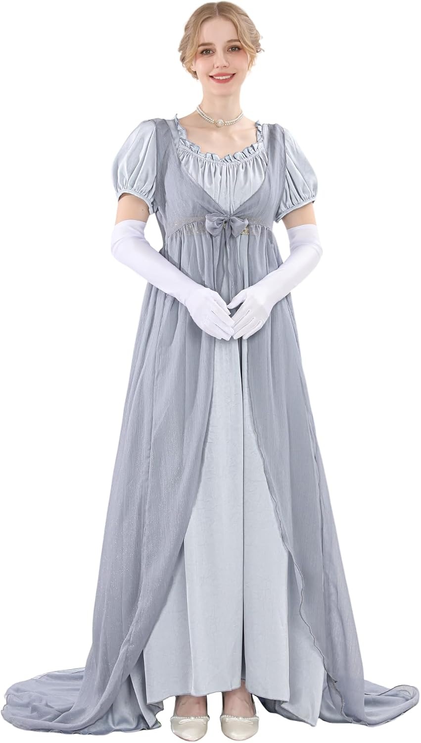Regency jurk voor dames, Victoriaanse jurk, historische retro empire, avondjurk, lang, met wikkelriem en handschoenen, kostuum voor bal, carnaval, Halloween - Maat L