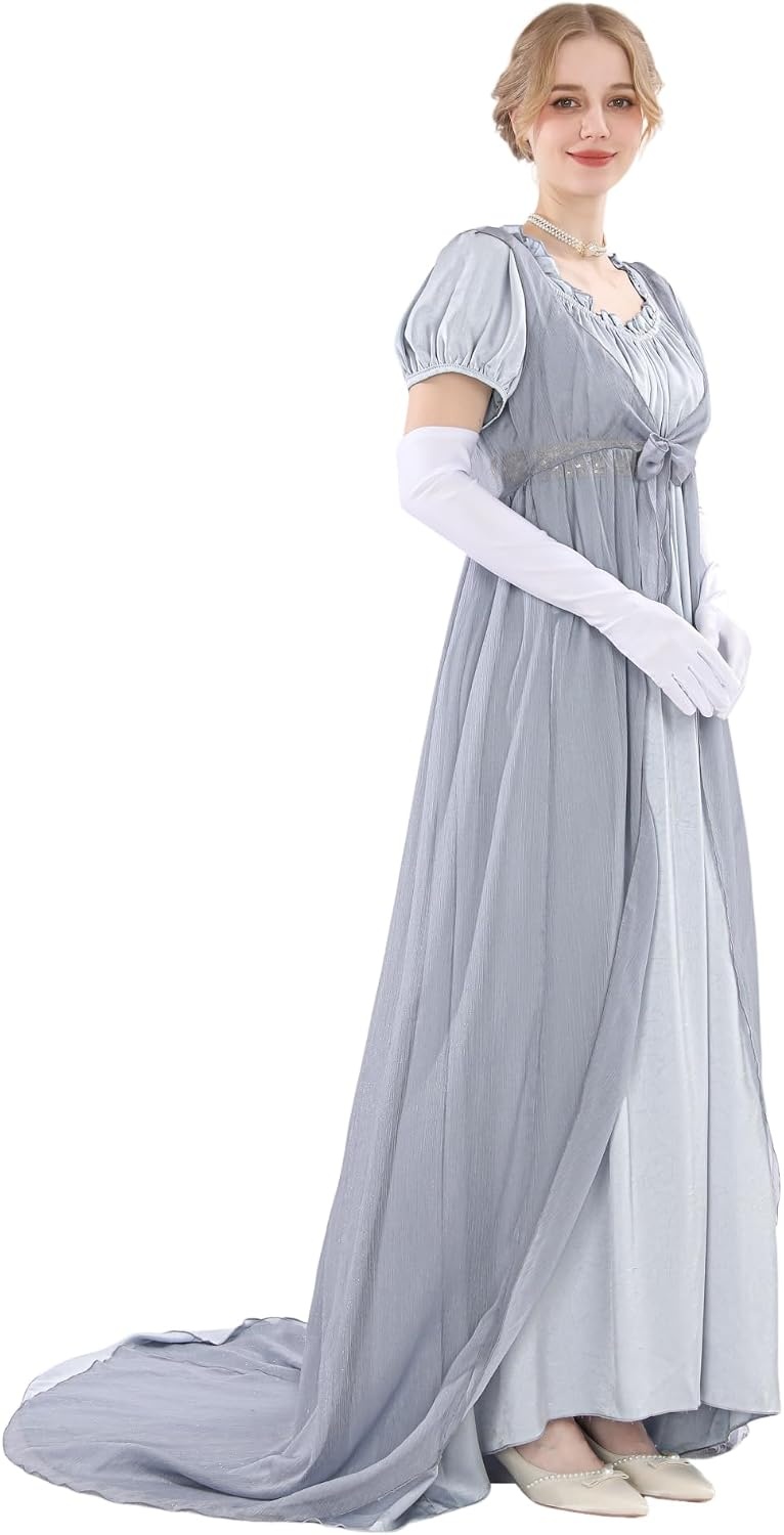Regency jurk voor dames, Victoriaanse jurk, historische retro empire, avondjurk, lang, met wikkelriem en handschoenen, kostuum voor bal, carnaval, Halloween - Maat L