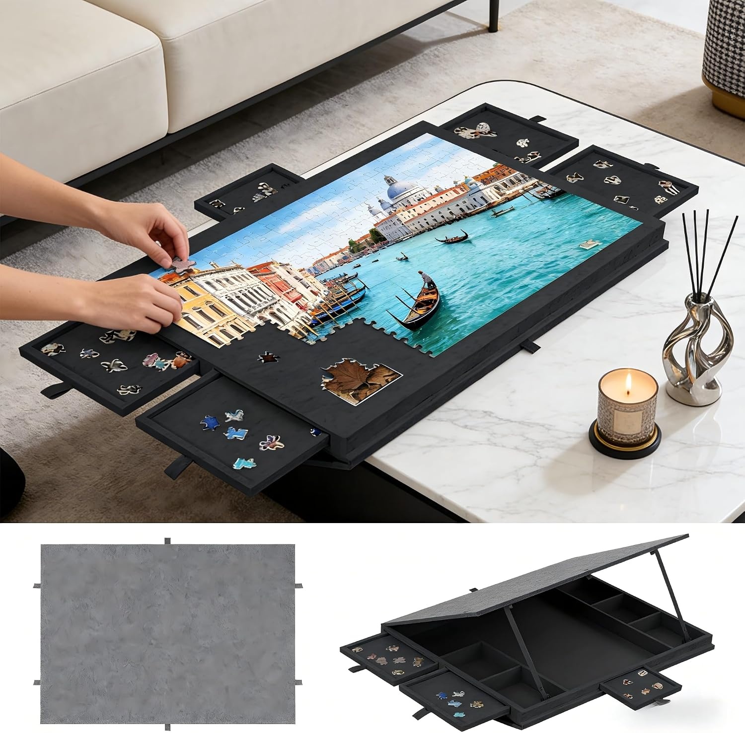Puzzeltafel Zwart - 1000 Stukjes | 6 Laden | 34% Korting
