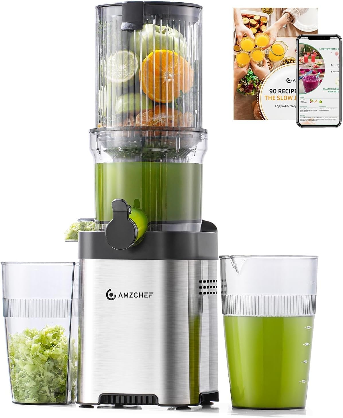 Slow Juicer AMZCHEF RVS 180W - Koude Persing & Brede Vulopening - 34% Korting