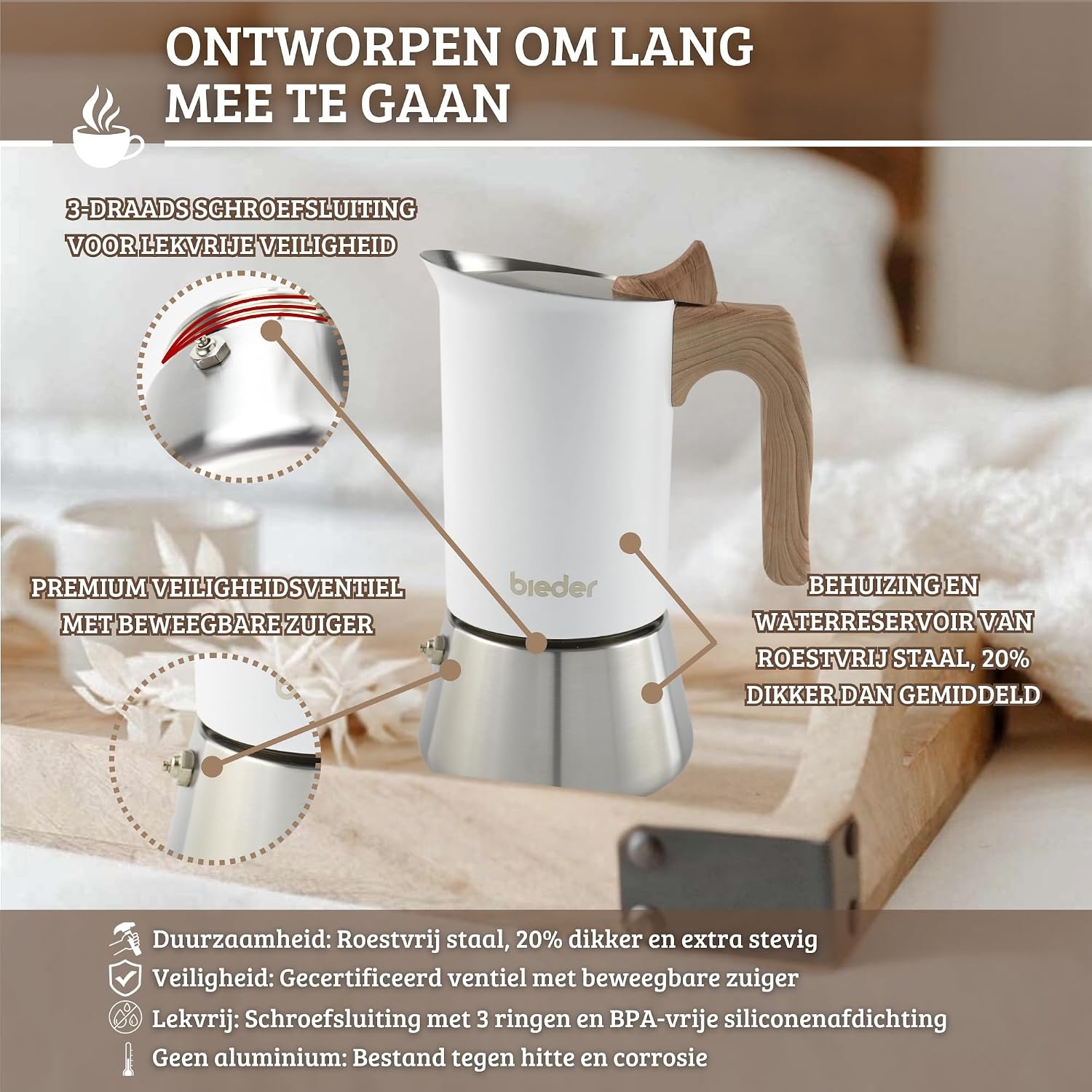 Italiaans Koffiezetapparaat Mokkapot RVS Inductie - 6 Kopjes - 300ml - 33% Korting