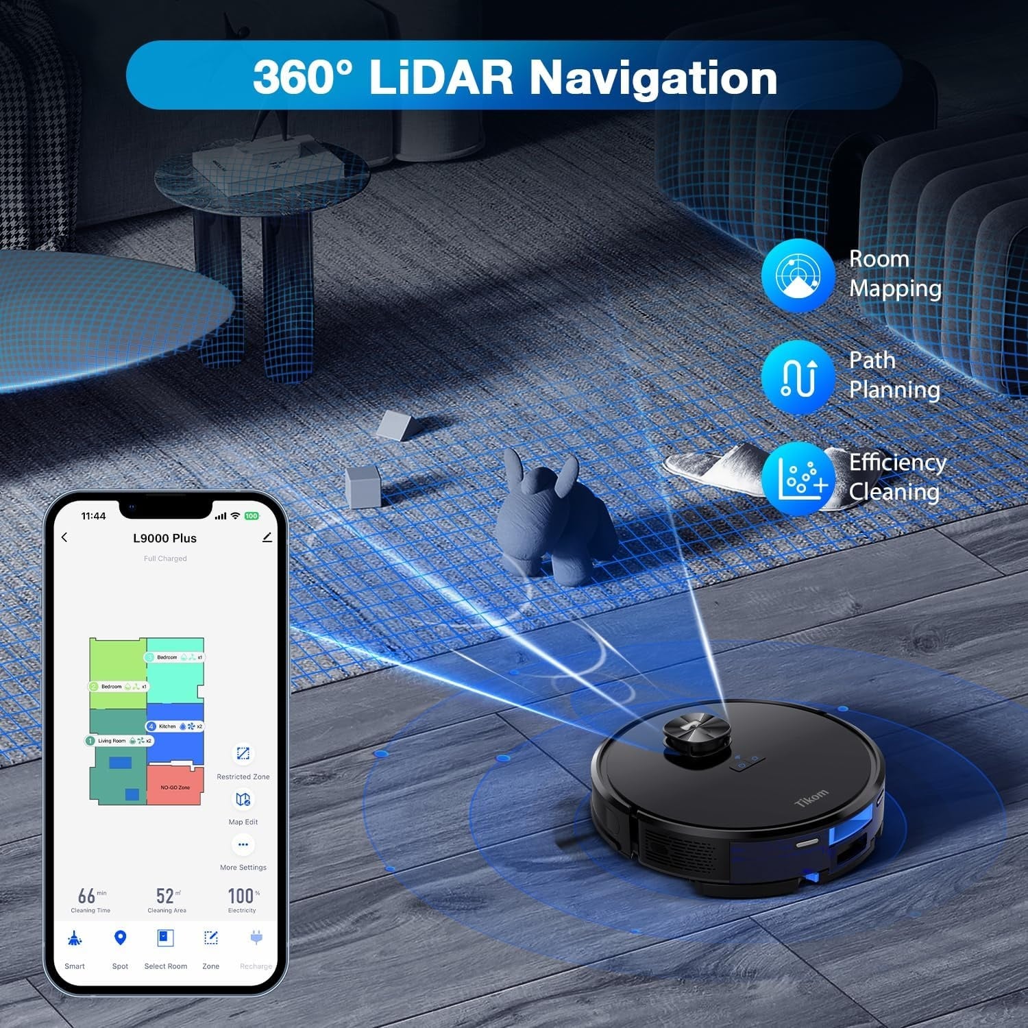 Robotstofzuiger Tikom L9000 Plus met dweilfunctie, LiDAR, 4000 Pa, 60 dagen zelflediging - 60% Korting!