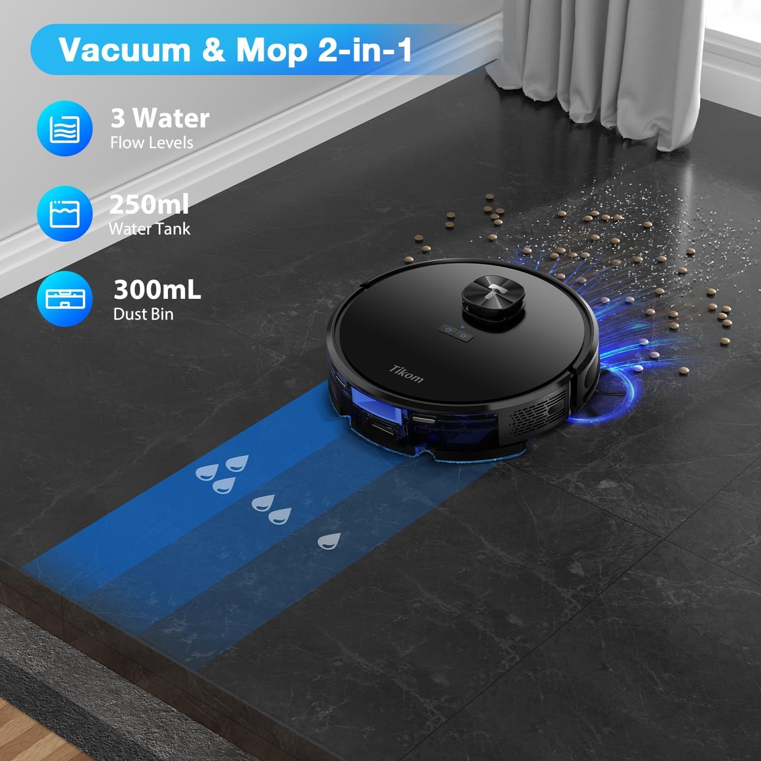 Robotstofzuiger Tikom L9000 Plus met dweilfunctie, LiDAR, 4000 Pa, 60 dagen zelflediging - 60% Korting!