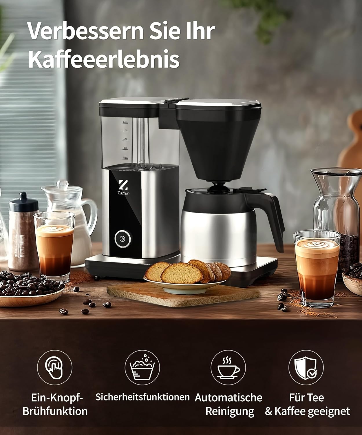 ZACHVO Filterkoffiezetapparaat Zwart - 1,25L - 33% Korting