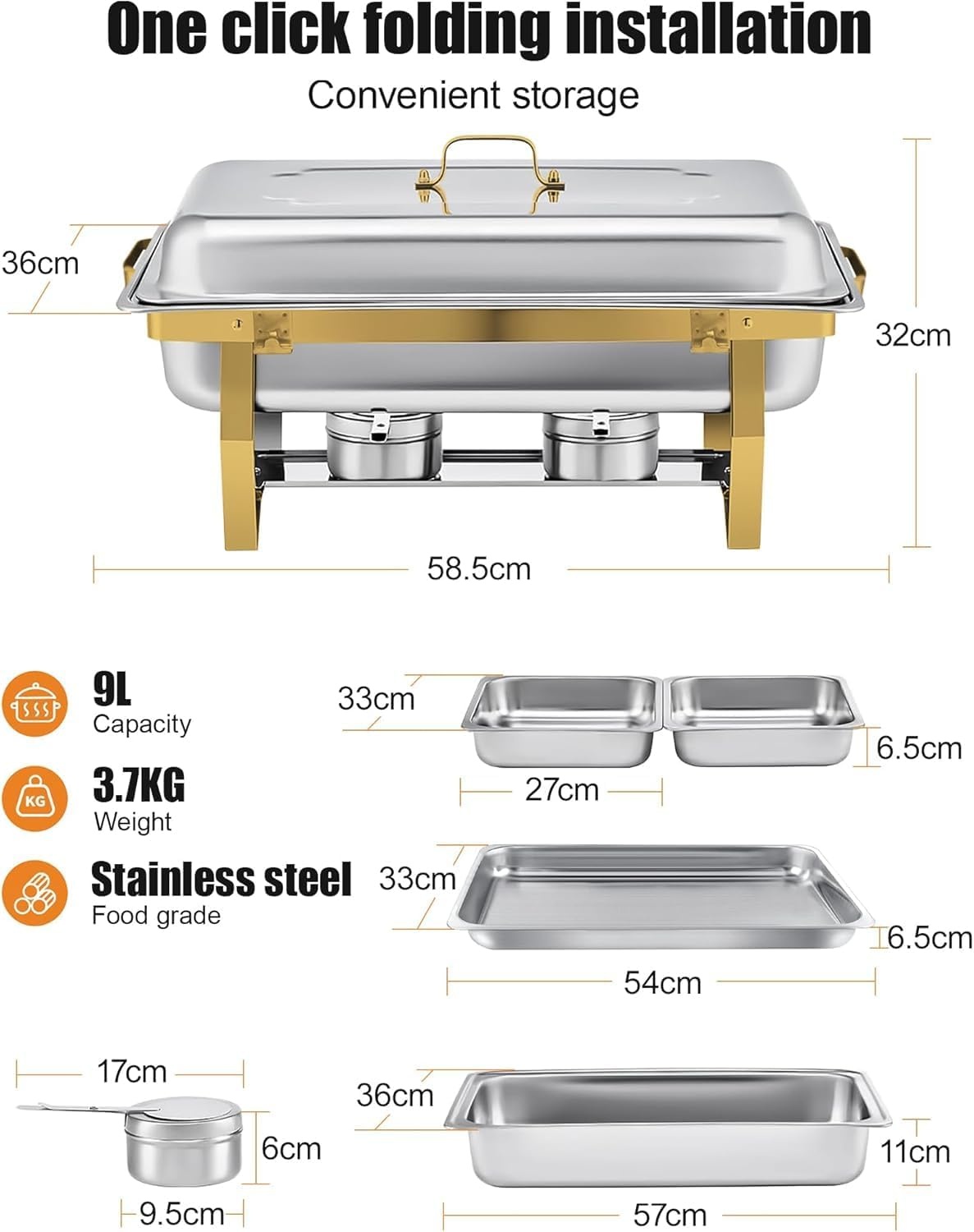 4x Chafing Dish Set 9L Goud - Warmhouders voor Buffet & Feesten - 35% Korting