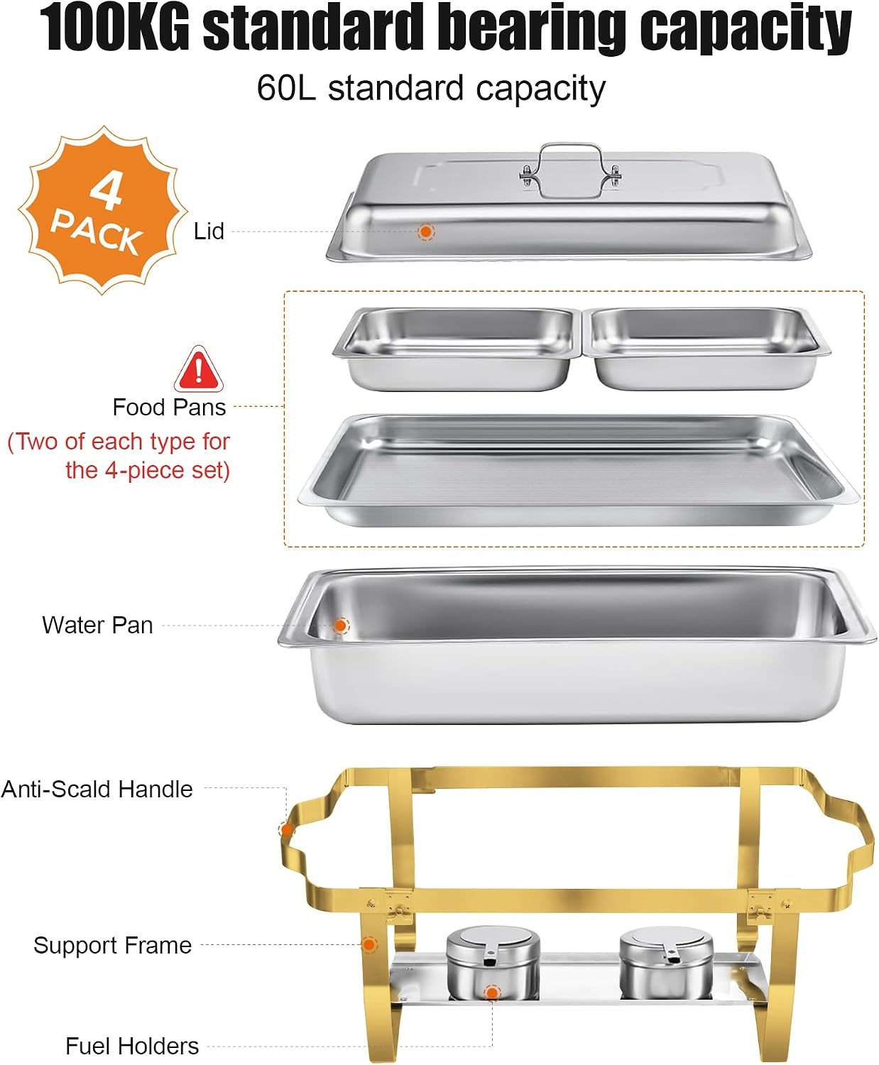 4x Chafing Dish Set 9L Goud - Warmhouders voor Buffet & Feesten - 35% Korting
